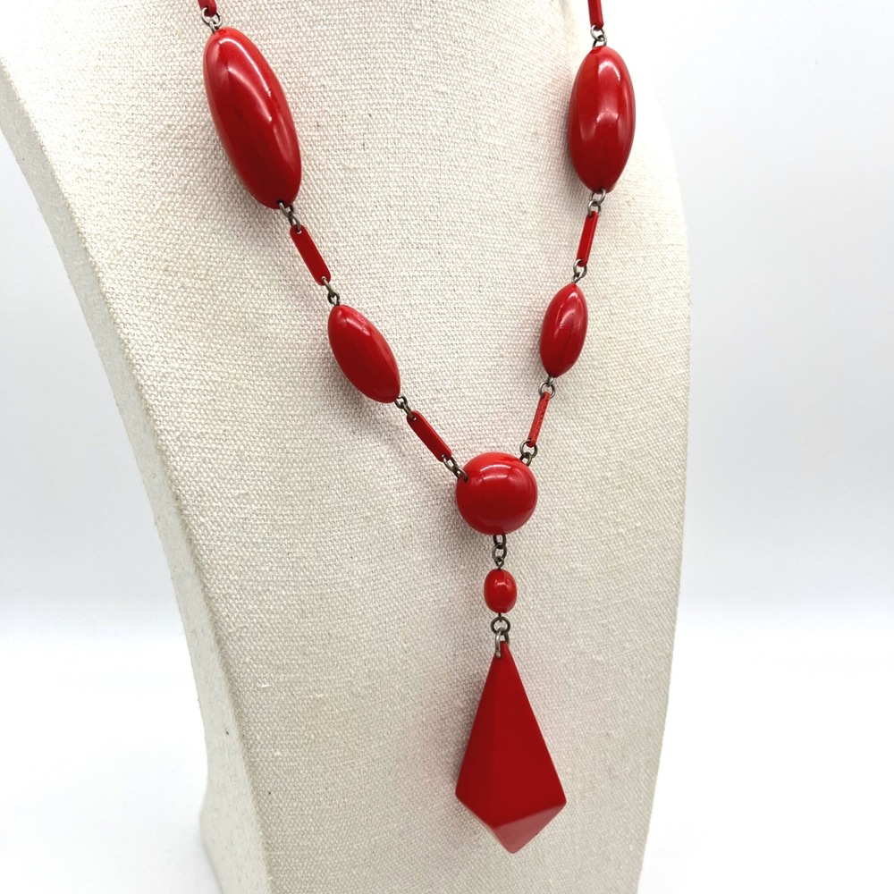 Vintage Red Geometric Resin Bead Necklace Art Deco Style Drop Pendant 30 Inch - Picture 2 of 5